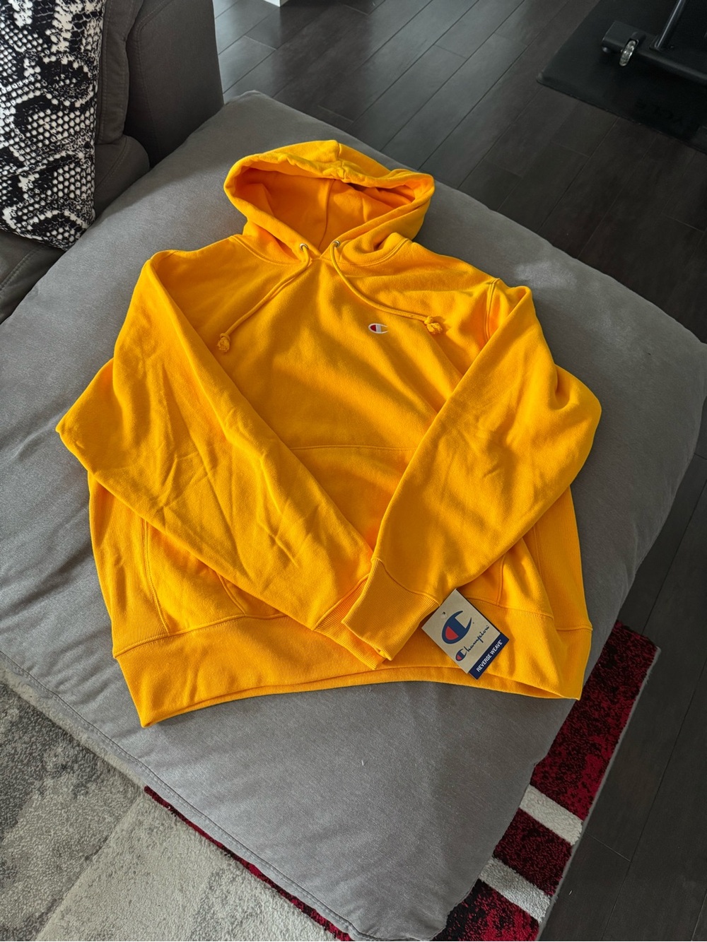 Champion Reverse Weave Hooded Pullover Sweatshirt. Golden Yellow.